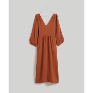 NWT Madewell Womens Midi Dress XS Lightspun V‎ Neck Double Gauze Pockets Brown